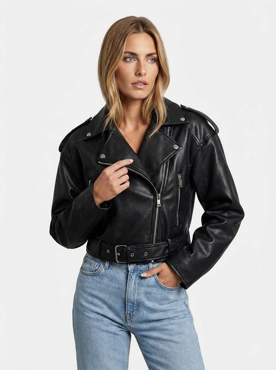 Women's solid color synthetic leather notched lapel long sleeve cropped moto jacket for casual outings