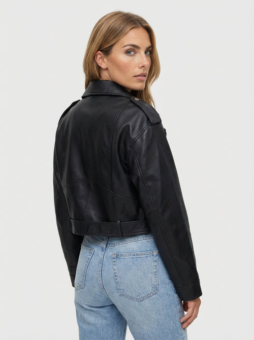 Women's solid color synthetic leather notched lapel long sleeve cropped moto jacket for casual outings