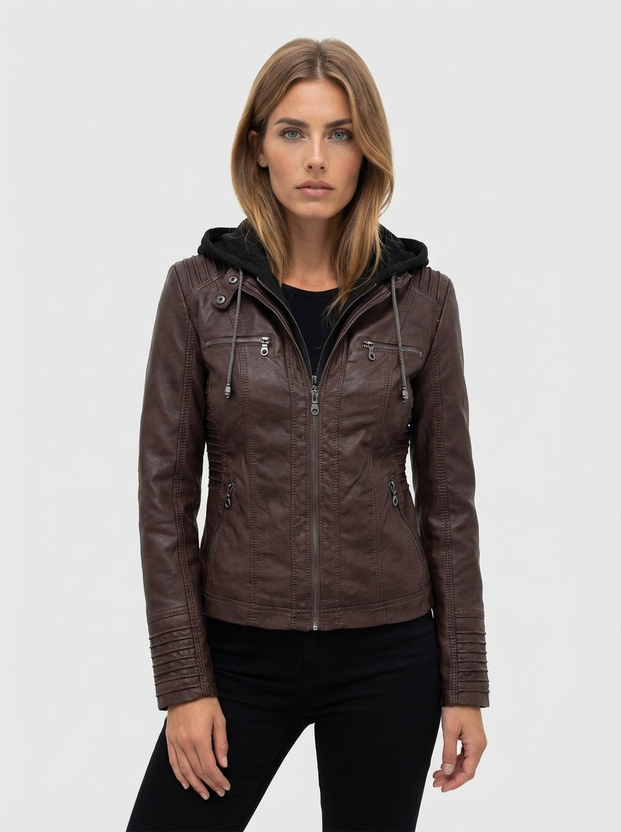 Women's Solid leather Hooded Zip Front Long Sleeve Jacket for Daily Wear