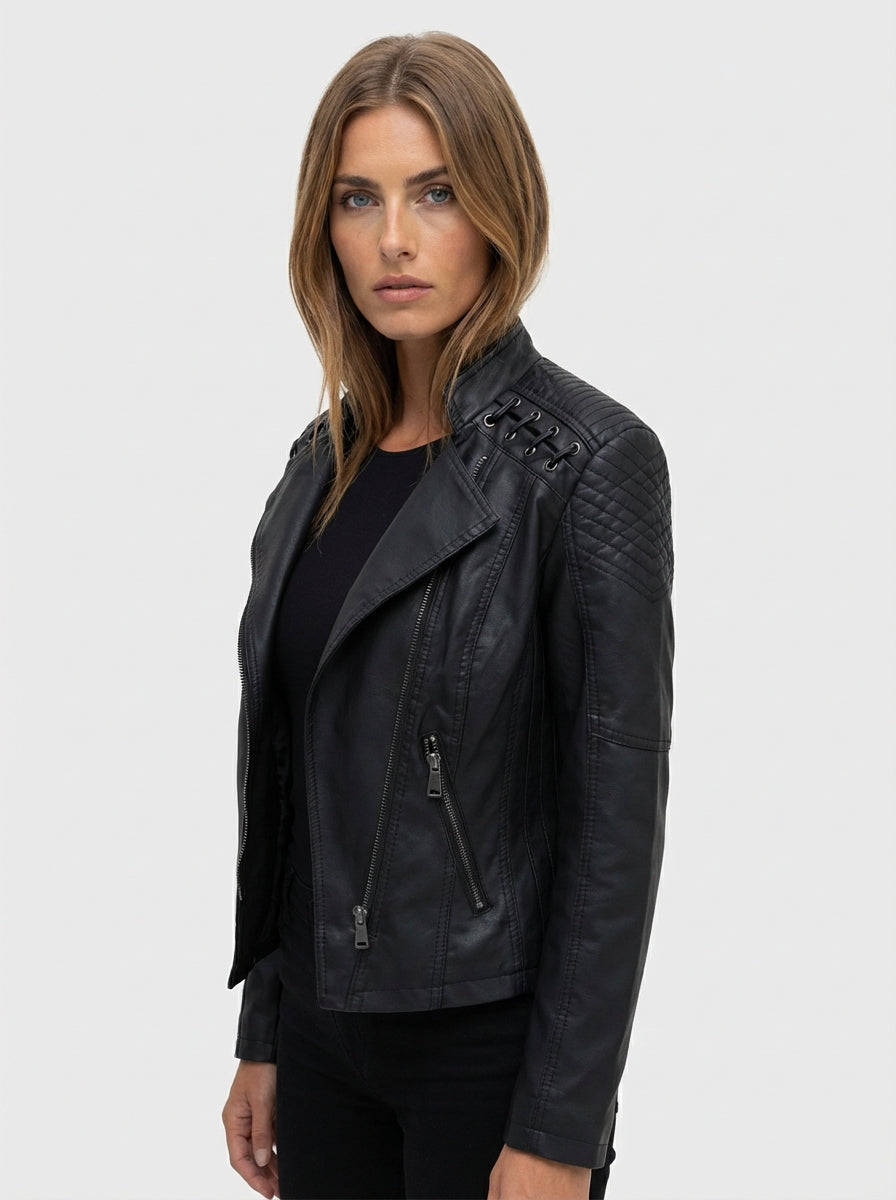 Women's solid leather long sleeve stand collar moto jacket for casual wear or evening outing