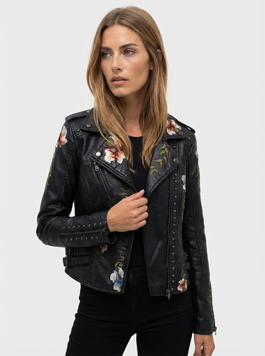 Women's floral embroidered synthetic leather long sleeve notched lapel moto jacket for casual wear