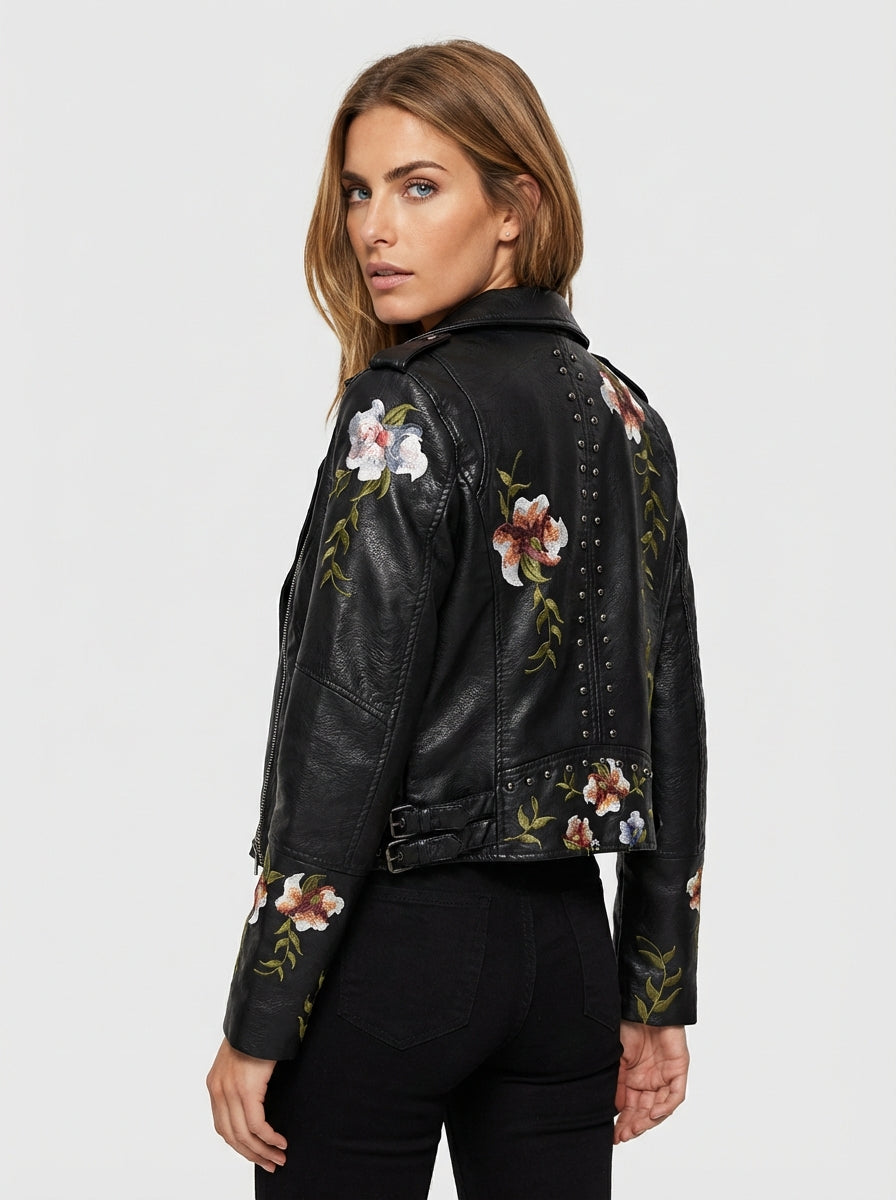 Women's floral embroidered synthetic leather long sleeve notched lapel moto jacket for casual wear