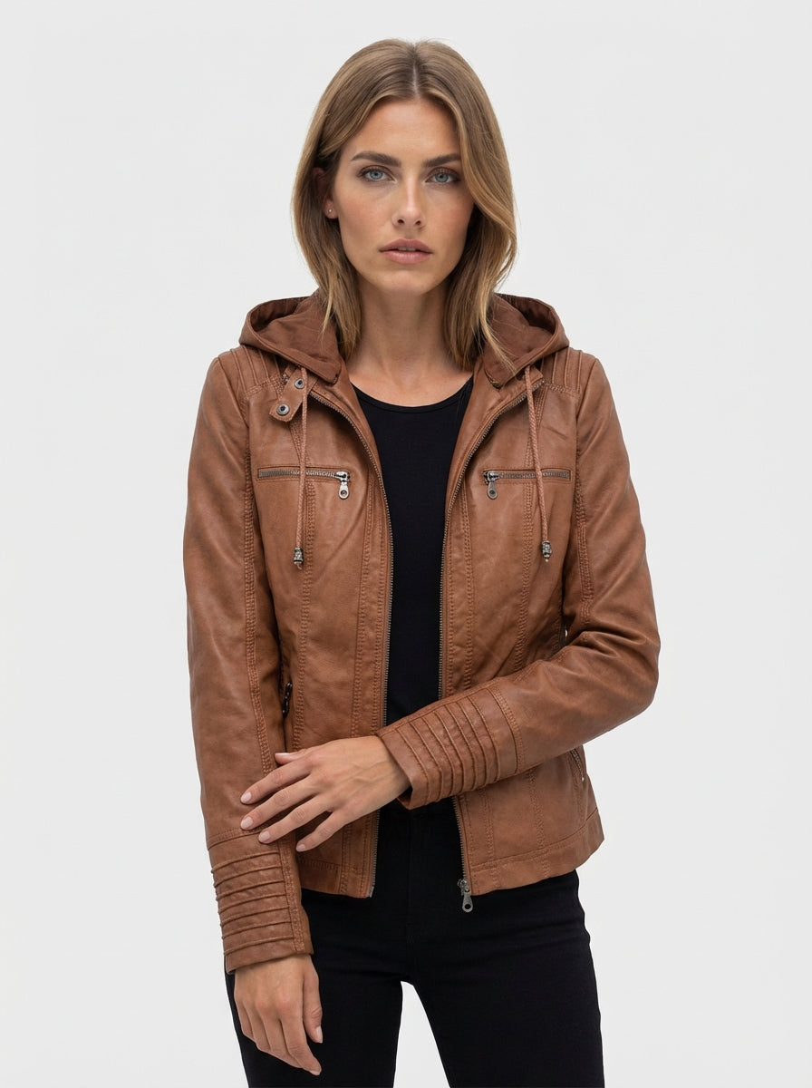 Women's Solid leather Hooded Zip Front Long Sleeve Jacket for Daily Wear