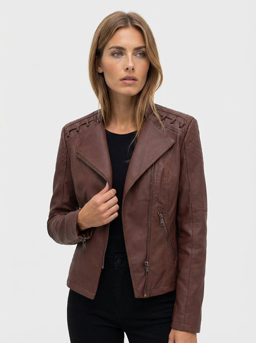 Women's solid leather long sleeve stand collar moto jacket for casual wear or evening outing
