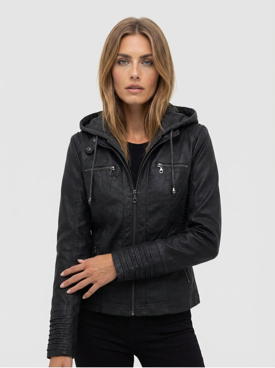 Women's Solid leather Hooded Zip Front Long Sleeve Jacket for Daily Wear
