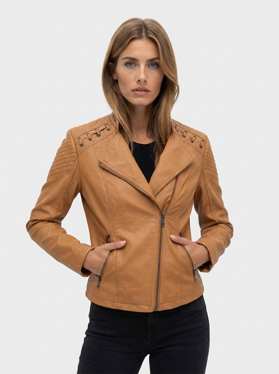 Women's solid leather long sleeve stand collar moto jacket for casual wear or evening outing