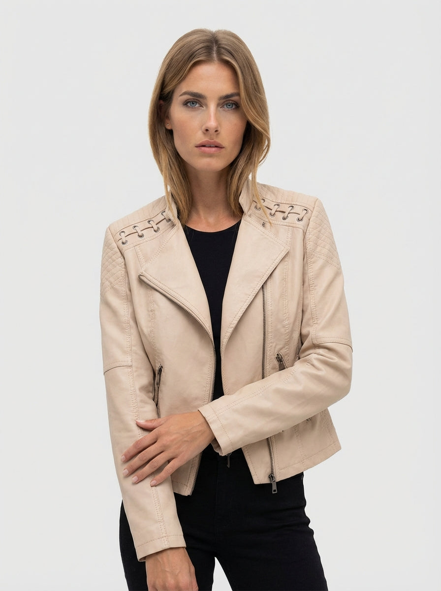 Women's solid leather long sleeve stand collar moto jacket for casual wear or evening outing