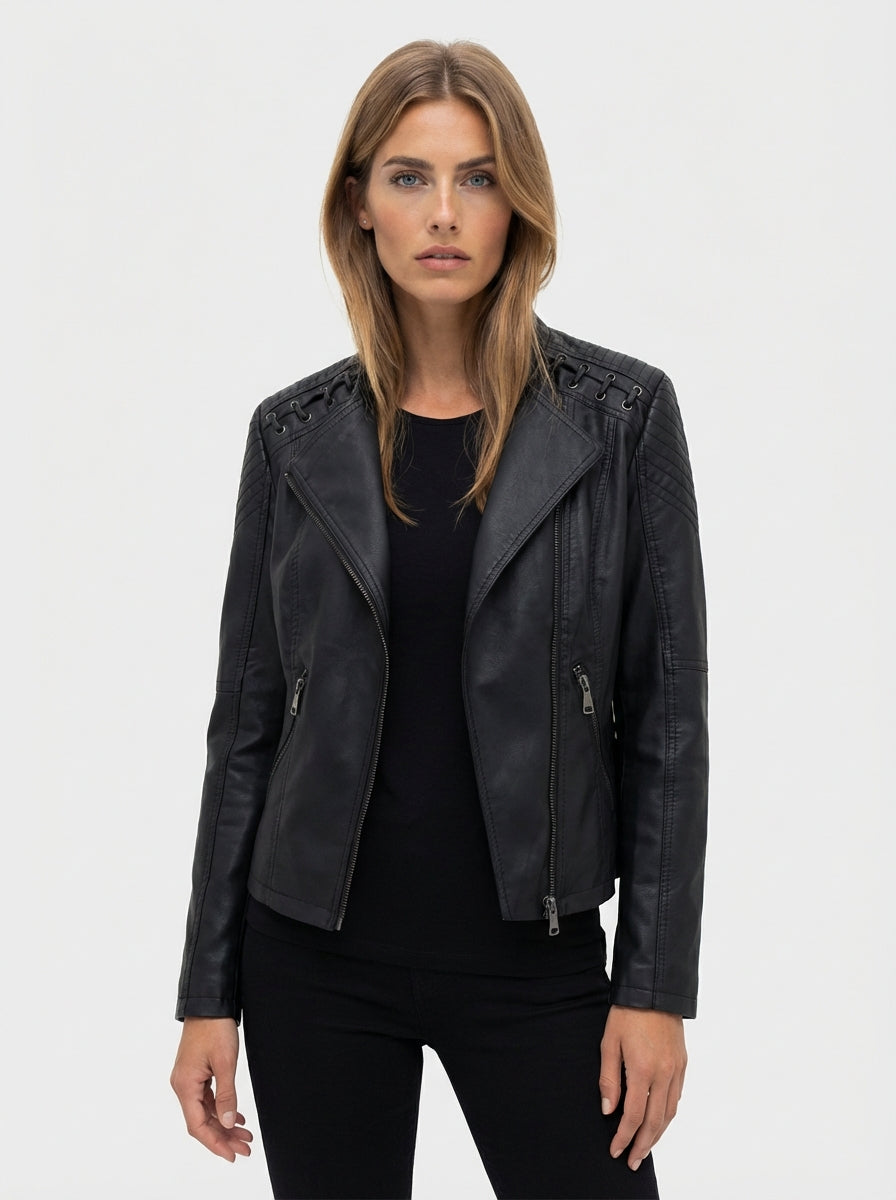 Women's solid leather long sleeve stand collar moto jacket for casual wear or evening outing