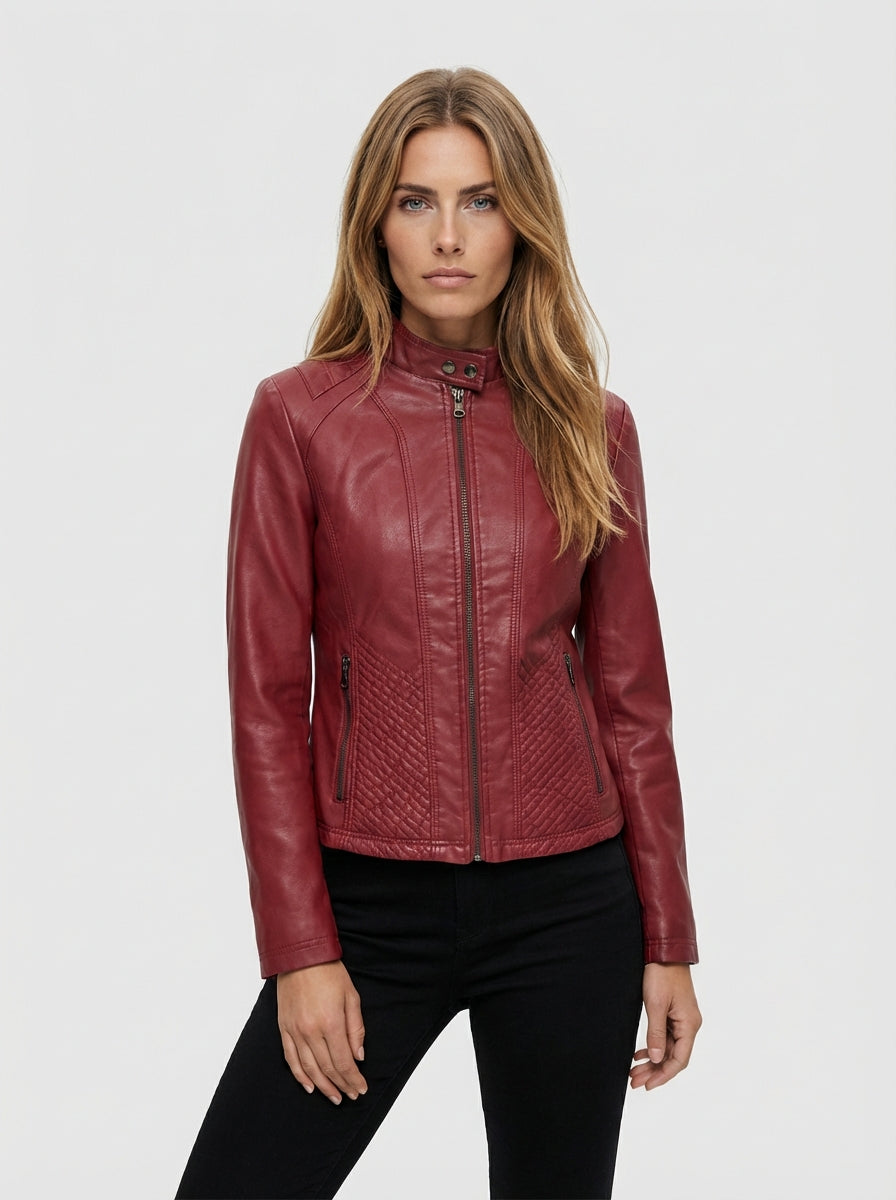 Women's Leather Stand Collar long Sleeve Zip Jacket for Casual Wear or Evening Outings