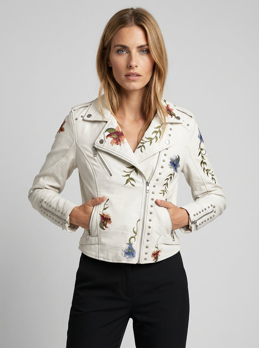 Women's floral embroidered synthetic leather long sleeve notched lapel moto jacket for casual wear