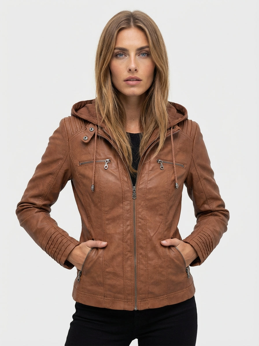 Women's Solid leather Hooded Zip Front Long Sleeve Jacket for Daily Wear