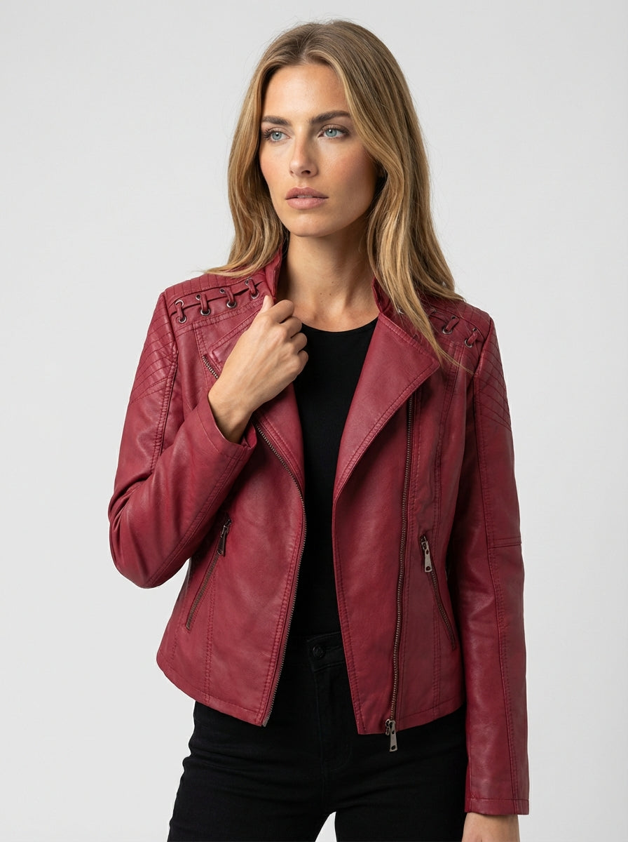 Women's solid leather long sleeve stand collar moto jacket for casual wear or evening outing